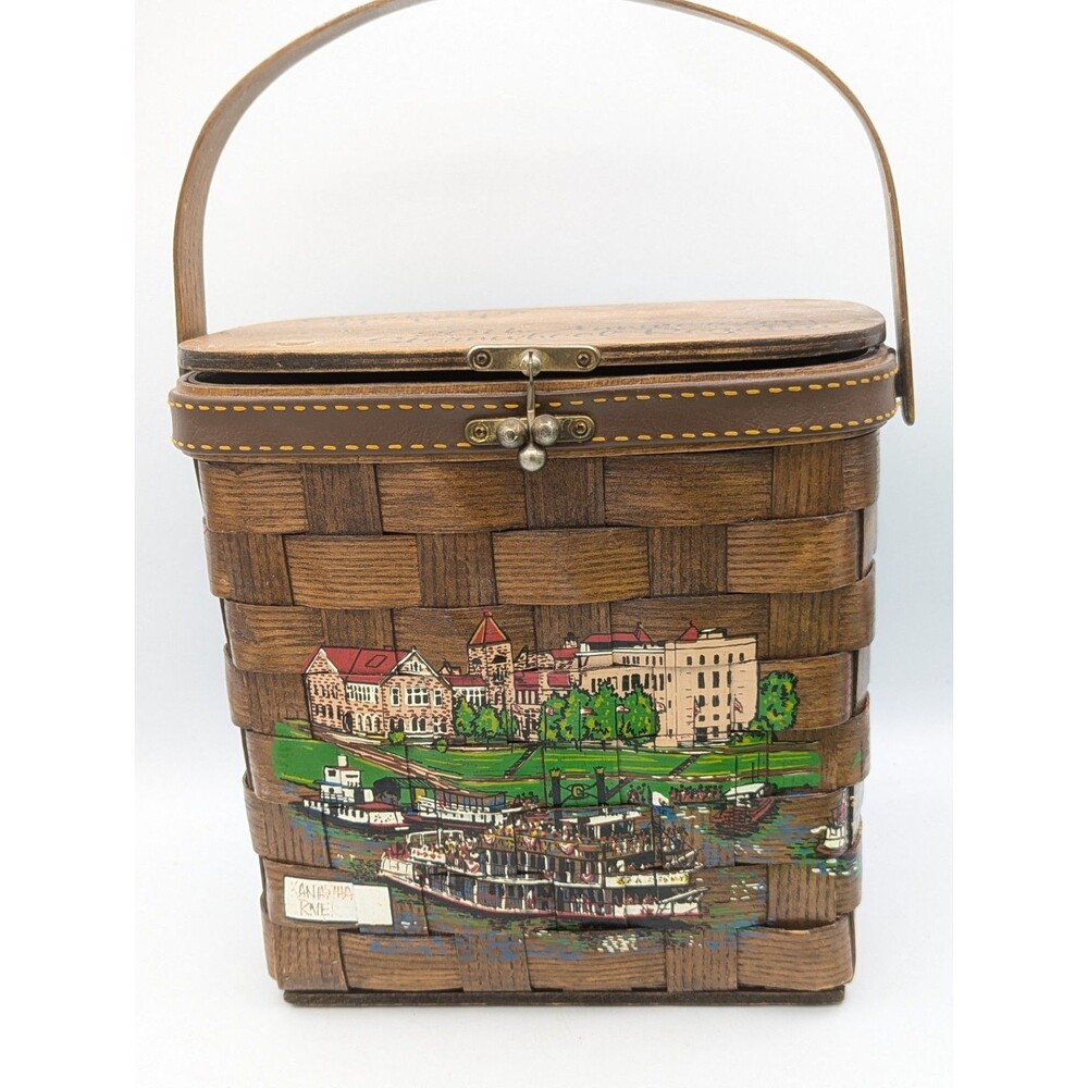 ​Vtg 1970s Caro-Nan Woven Wood Basket Purse Charleston WV 20th Sternwheel Regatt